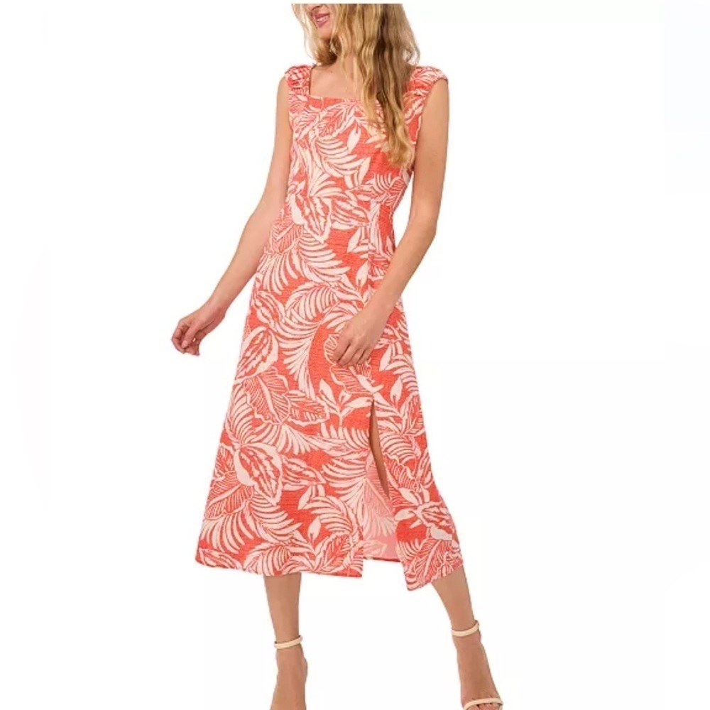 CeCe Tropical-Print Ruched-Strap Side-Slit Square-Neck Linen Midi Dress Sz 6